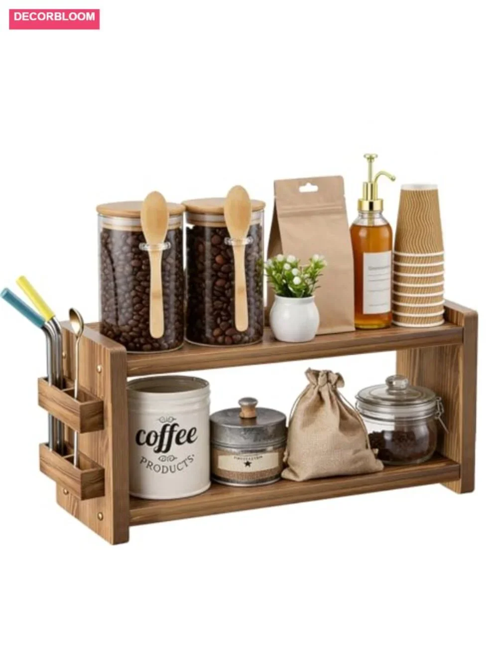 Solid Wood 2 Tier Coffee & Matcha Station Organizer Farmhouse Storage Countertop